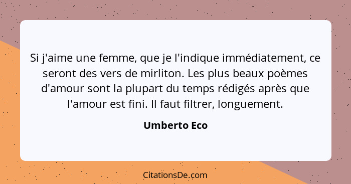 Si j'aime une femme, que je l'indique immédiatement, ce seront des vers de mirliton. Les plus beaux poèmes d'amour sont la plupart du te... - Umberto Eco