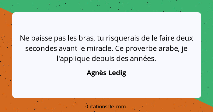 Ne baisse pas les bras, tu risquerais de le faire deux secondes avant le miracle. Ce proverbe arabe, je l'applique depuis des années.... - Agnès Ledig