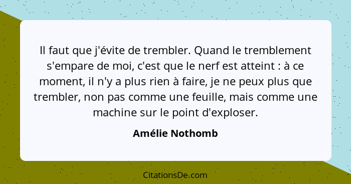 Il faut que j'évite de trembler. Quand le tremblement s'empare de moi, c'est que le nerf est atteint : à ce moment, il n'y a plu... - Amélie Nothomb