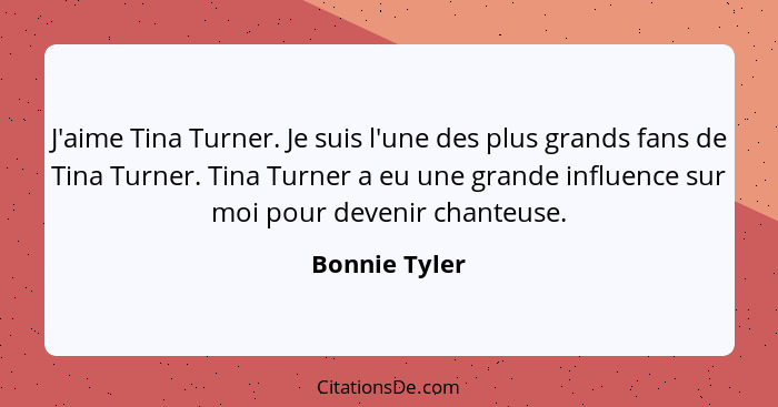 J'aime Tina Turner. Je suis l'une des plus grands fans de Tina Turner. Tina Turner a eu une grande influence sur moi pour devenir chant... - Bonnie Tyler