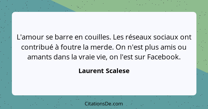 L'amour se barre en couilles. Les réseaux sociaux ont contribué à foutre la merde. On n'est plus amis ou amants dans la vraie vie, o... - Laurent Scalese