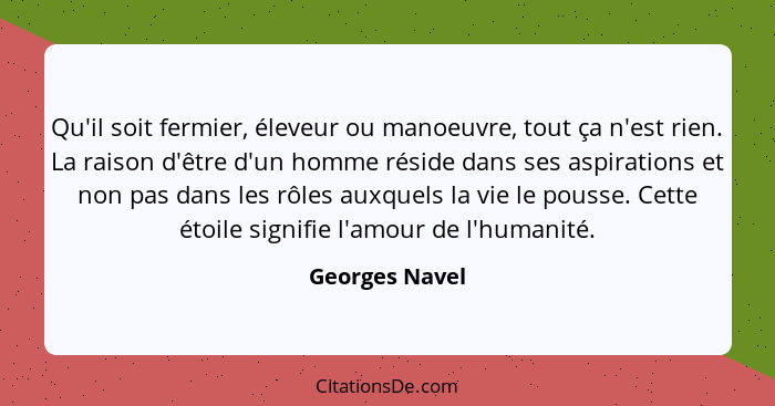 Qu'il soit fermier, éleveur ou manoeuvre, tout ça n'est rien. La raison d'être d'un homme réside dans ses aspirations et non pas dans... - Georges Navel