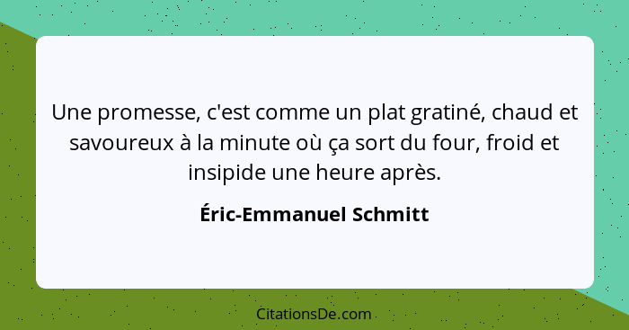 Une promesse, c'est comme un plat gratiné, chaud et savoureux à la minute où ça sort du four, froid et insipide une heure aprè... - Éric-Emmanuel Schmitt