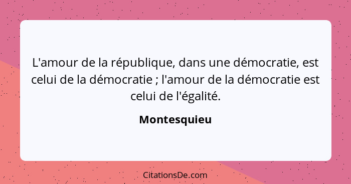 L'amour de la république, dans une démocratie, est celui de la démocratie ; l'amour de la démocratie est celui de l'égalité.... - Montesquieu
