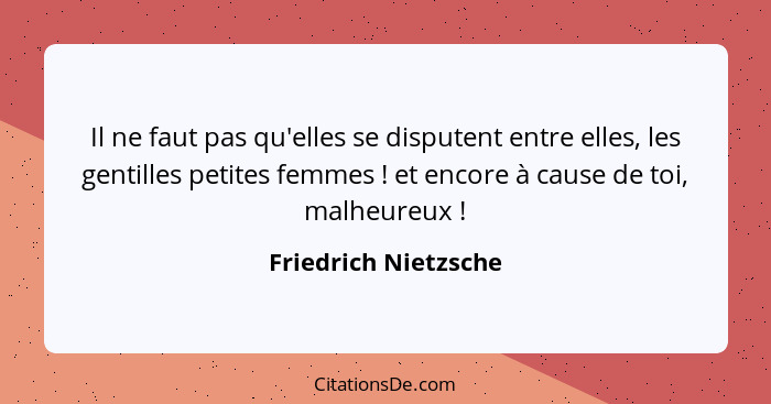 Il ne faut pas qu'elles se disputent entre elles, les gentilles petites femmes ! et encore à cause de toi, malheureux ... - Friedrich Nietzsche