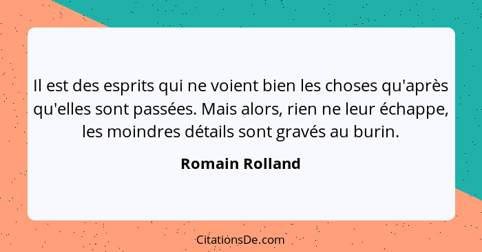 Il est des esprits qui ne voient bien les choses qu'après qu'elles sont passées. Mais alors, rien ne leur échappe, les moindres détai... - Romain Rolland