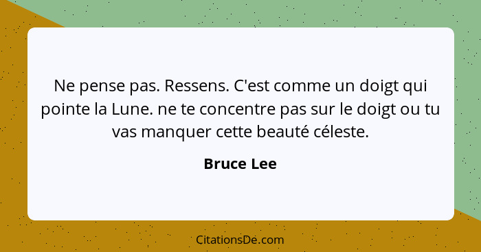 Ne pense pas. Ressens. C'est comme un doigt qui pointe la Lune. ne te concentre pas sur le doigt ou tu vas manquer cette beauté céleste.... - Bruce Lee