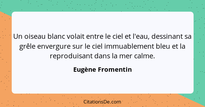 Un oiseau blanc volait entre le ciel et l'eau, dessinant sa grêle envergure sur le ciel immuablement bleu et la reproduisant dans l... - Eugène Fromentin