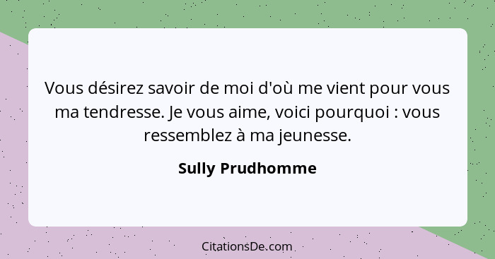 Vous désirez savoir de moi d'où me vient pour vous ma tendresse. Je vous aime, voici pourquoi : vous ressemblez à ma jeunesse.... - Sully Prudhomme