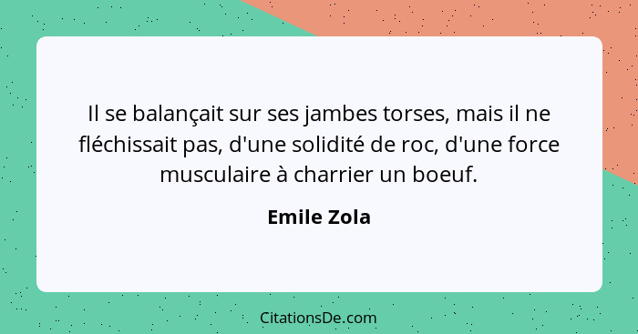 Il se balançait sur ses jambes torses, mais il ne fléchissait pas, d'une solidité de roc, d'une force musculaire à charrier un boeuf.... - Emile Zola