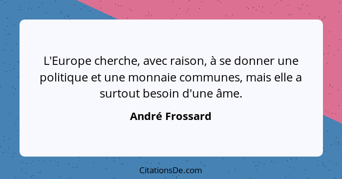 L'Europe cherche, avec raison, à se donner une politique et une monnaie communes, mais elle a surtout besoin d'une âme.... - André Frossard