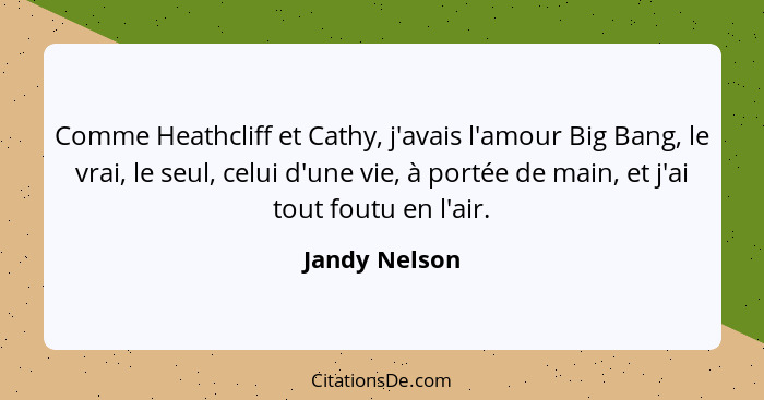 Comme Heathcliff et Cathy, j'avais l'amour Big Bang, le vrai, le seul, celui d'une vie, à portée de main, et j'ai tout foutu en l'air.... - Jandy Nelson