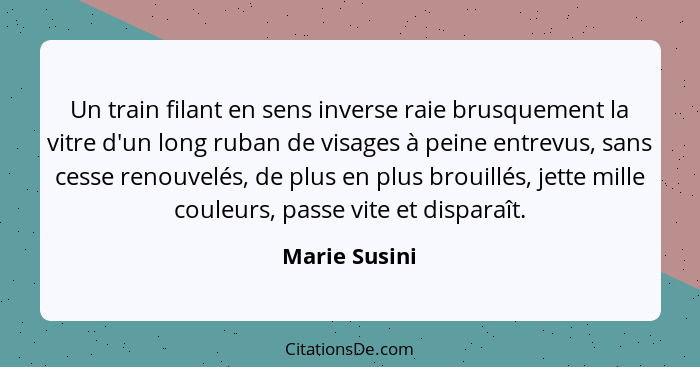 Un train filant en sens inverse raie brusquement la vitre d'un long ruban de visages à peine entrevus, sans cesse renouvelés, de plus e... - Marie Susini