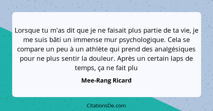 Lorsque tu m'as dit que je ne faisait plus partie de ta vie, je me suis bâti un immense mur psychologique. Cela se compare un peu à... - Mee-Rang Ricard