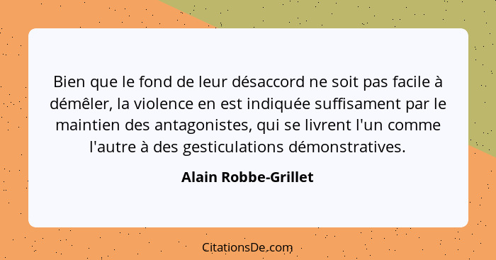 Bien que le fond de leur désaccord ne soit pas facile à démêler, la violence en est indiquée suffisament par le maintien des ant... - Alain Robbe-Grillet