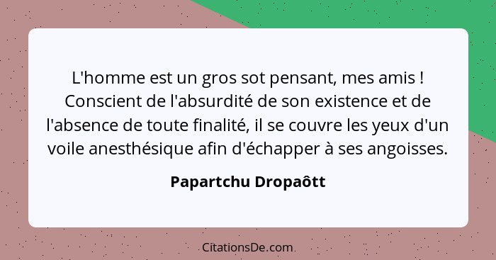 L'homme est un gros sot pensant, mes amis ! Conscient de l'absurdité de son existence et de l'absence de toute finalité, il... - Papartchu Dropaôtt