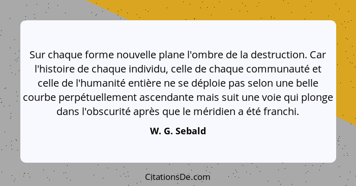 Sur chaque forme nouvelle plane l'ombre de la destruction. Car l'histoire de chaque individu, celle de chaque communauté et celle de l'... - W. G. Sebald