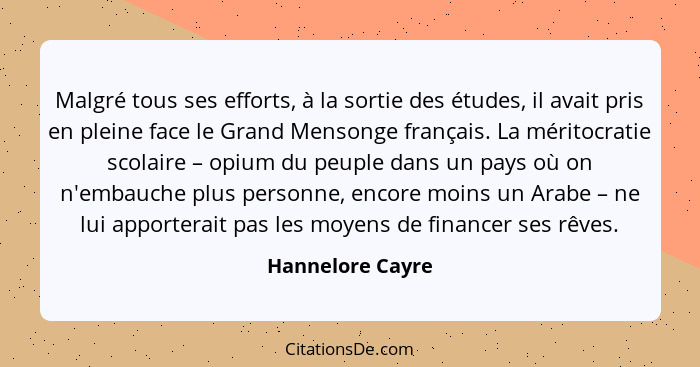 Malgré tous ses efforts, à la sortie des études, il avait pris en pleine face le Grand Mensonge français. La méritocratie scolaire –... - Hannelore Cayre