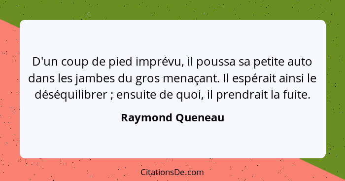 D'un coup de pied imprévu, il poussa sa petite auto dans les jambes du gros menaçant. Il espérait ainsi le déséquilibrer ; ensu... - Raymond Queneau