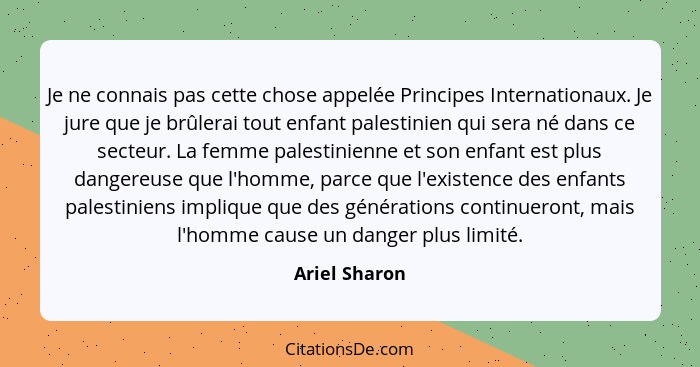 Je ne connais pas cette chose appelée Principes Internationaux. Je jure que je brûlerai tout enfant palestinien qui sera né dans ce sec... - Ariel Sharon