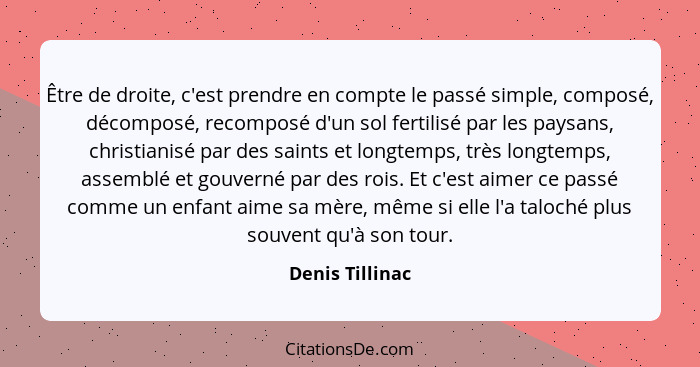 Être de droite, c'est prendre en compte le passé simple, composé, décomposé, recomposé d'un sol fertilisé par les paysans, christiani... - Denis Tillinac