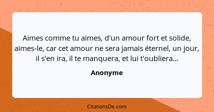 Aimes comme tu aimes, d'un amour fort et solide, aimes-le, car cet amour ne sera jamais éternel, un jour, il s'en ira, il te manquera, et lu... - Anonyme