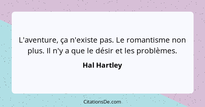 L'aventure, ça n'existe pas. Le romantisme non plus. Il n'y a que le désir et les problèmes.... - Hal Hartley