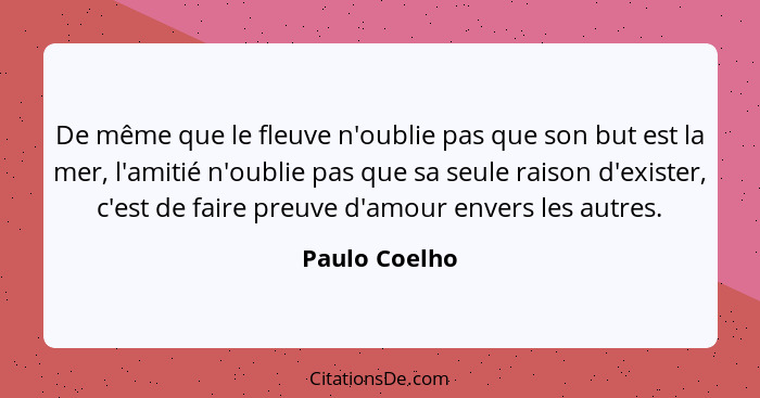 De même que le fleuve n'oublie pas que son but est la mer, l'amitié n'oublie pas que sa seule raison d'exister, c'est de faire preuve d... - Paulo Coelho