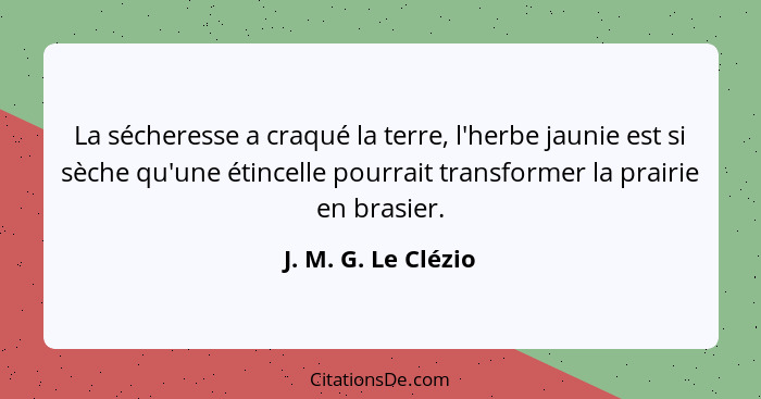 La sécheresse a craqué la terre, l'herbe jaunie est si sèche qu'une étincelle pourrait transformer la prairie en brasier.... - J. M. G. Le Clézio