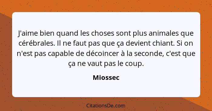 J'aime bien quand les choses sont plus animales que cérébrales. Il ne faut pas que ça devient chiant. Si on n'est pas capable de décoincer à... - Miossec