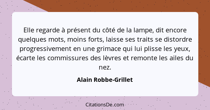 Elle regarde à présent du côté de la lampe, dit encore quelques mots, moins forts, laisse ses traits se distordre progressivemen... - Alain Robbe-Grillet