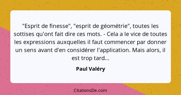 "Esprit de finesse", "esprit de géométrie", toutes les sottises qu'ont fait dire ces mots. - Cela a le vice de toutes les expressions au... - Paul Valéry