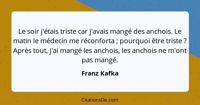 Le soir j'étais triste car j'avais mangé des anchois. Le matin le médecin me réconforta ; pourquoi être triste ? Après tout, j... - Franz Kafka