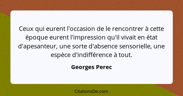 Ceux qui eurent l'occasion de le rencontrer à cette époque eurent l'impression qu'il vivait en état d'apesanteur, une sorte d'absence... - Georges Perec