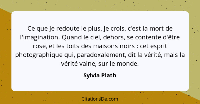 Ce que je redoute le plus, je crois, c'est la mort de l'imagination. Quand le ciel, dehors, se contente d'être rose, et les toits des m... - Sylvia Plath