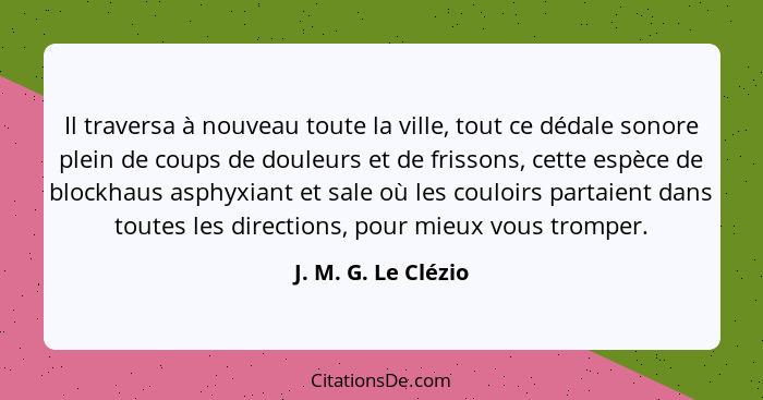 Il traversa à nouveau toute la ville, tout ce dédale sonore plein de coups de douleurs et de frissons, cette espèce de blockhaus... - J. M. G. Le Clézio