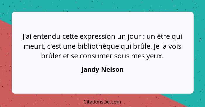 J'ai entendu cette expression un jour : un être qui meurt, c'est une bibliothèque qui brûle. Je la vois brûler et se consumer sous... - Jandy Nelson