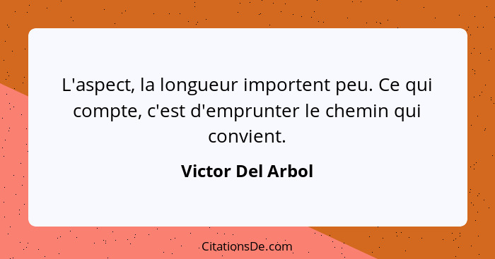 L'aspect, la longueur importent peu. Ce qui compte, c'est d'emprunter le chemin qui convient.... - Victor Del Arbol