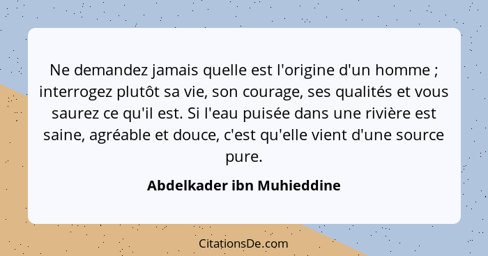 Ne demandez jamais quelle est l'origine d'un homme ; interrogez plutôt sa vie, son courage, ses qualités et vous saur... - Abdelkader ibn Muhieddine