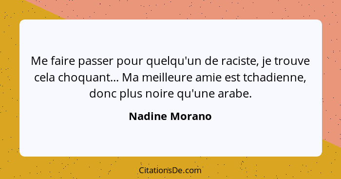 Me faire passer pour quelqu'un de raciste, je trouve cela choquant... Ma meilleure amie est tchadienne, donc plus noire qu'une arabe.... - Nadine Morano