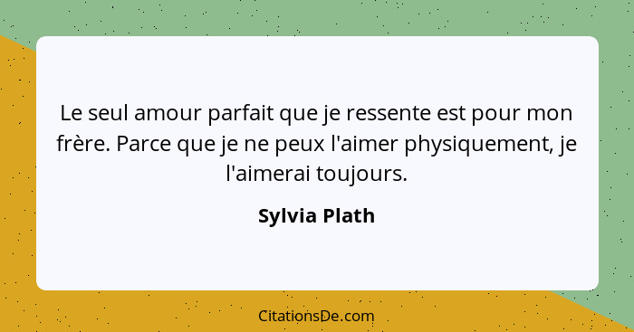 Le seul amour parfait que je ressente est pour mon frère. Parce que je ne peux l'aimer physiquement, je l'aimerai toujours.... - Sylvia Plath