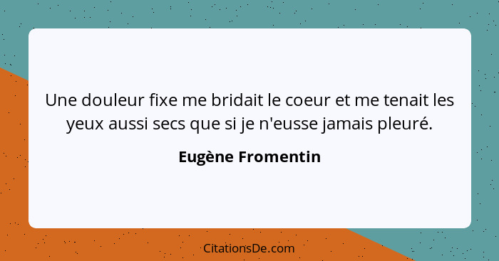 Une douleur fixe me bridait le coeur et me tenait les yeux aussi secs que si je n'eusse jamais pleuré.... - Eugène Fromentin