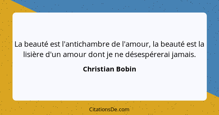 La beauté est l'antichambre de l'amour, la beauté est la lisière d'un amour dont je ne désespérerai jamais.... - Christian Bobin