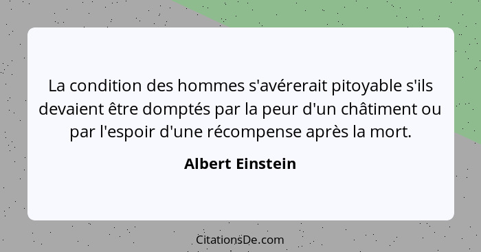 La condition des hommes s'avérerait pitoyable s'ils devaient être domptés par la peur d'un châtiment ou par l'espoir d'une récompens... - Albert Einstein