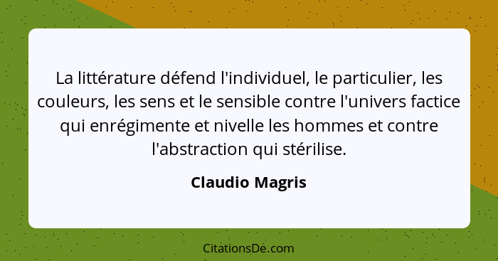 La littérature défend l'individuel, le particulier, les couleurs, les sens et le sensible contre l'univers factice qui enrégimente et... - Claudio Magris