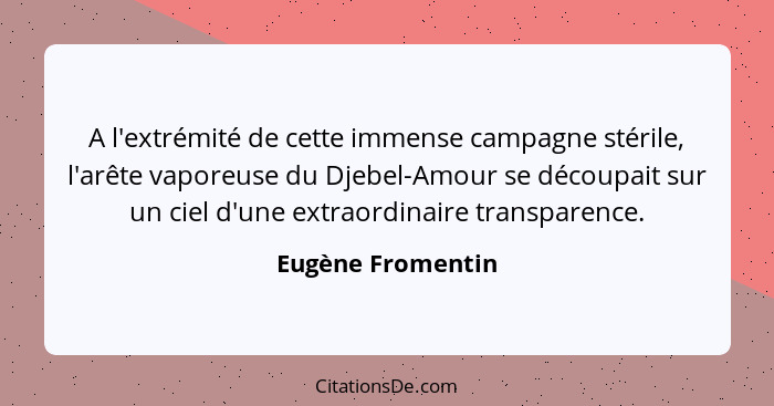 A l'extrémité de cette immense campagne stérile, l'arête vaporeuse du Djebel-Amour se découpait sur un ciel d'une extraordinaire tr... - Eugène Fromentin