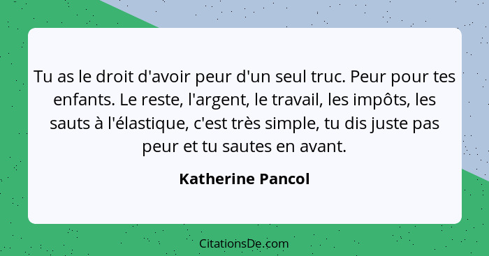 Tu as le droit d'avoir peur d'un seul truc. Peur pour tes enfants. Le reste, l'argent, le travail, les impôts, les sauts à l'élasti... - Katherine Pancol