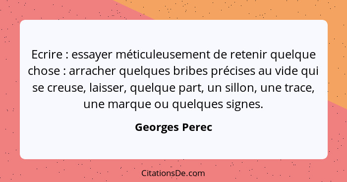 Ecrire : essayer méticuleusement de retenir quelque chose : arracher quelques bribes précises au vide qui se creuse, laisser... - Georges Perec