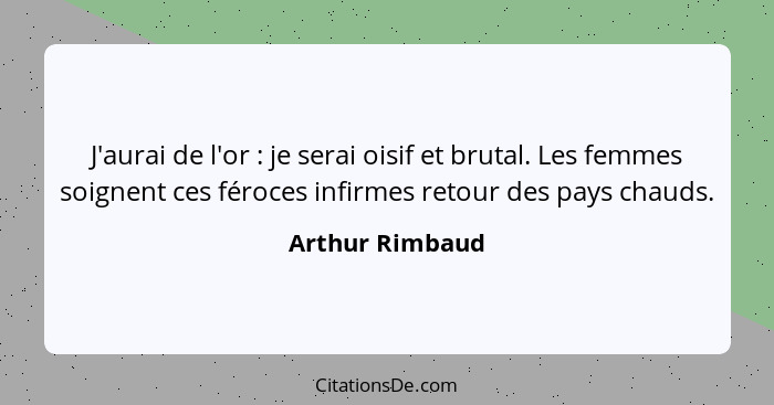 J'aurai de l'or : je serai oisif et brutal. Les femmes soignent ces féroces infirmes retour des pays chauds.... - Arthur Rimbaud