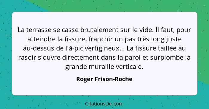 La terrasse se casse brutalement sur le vide. Il faut, pour atteindre la fissure, franchir un pas très long juste au-dessus de l'... - Roger Frison-Roche